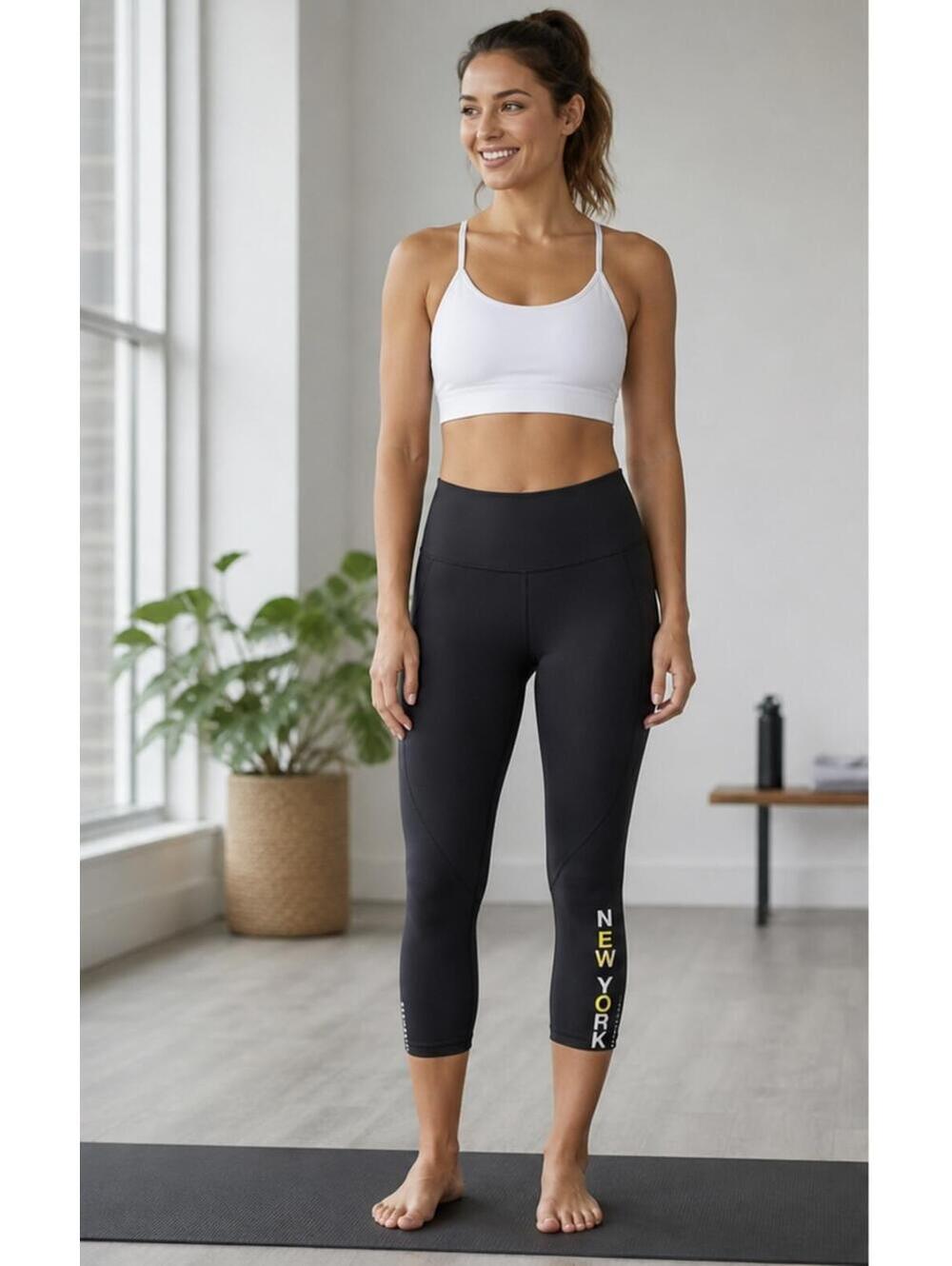 Lululemon Black Capri Leggings with New‎ York Print and Reflective Details
